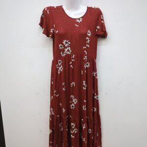 Maurices 24/7 Floral Women's Midi Dress Small Brick Red